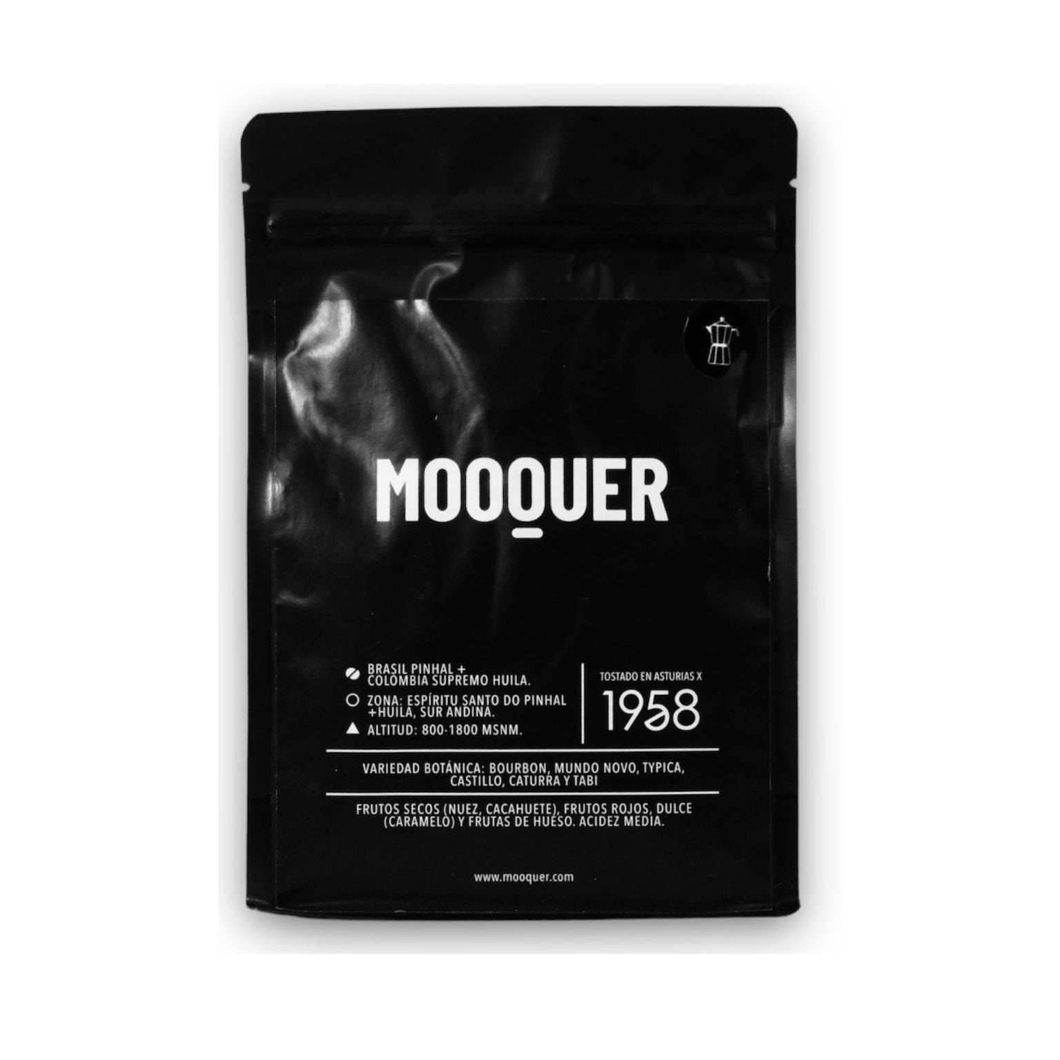 Café de especialidad Mooquer Blend molido natural en packaging premium