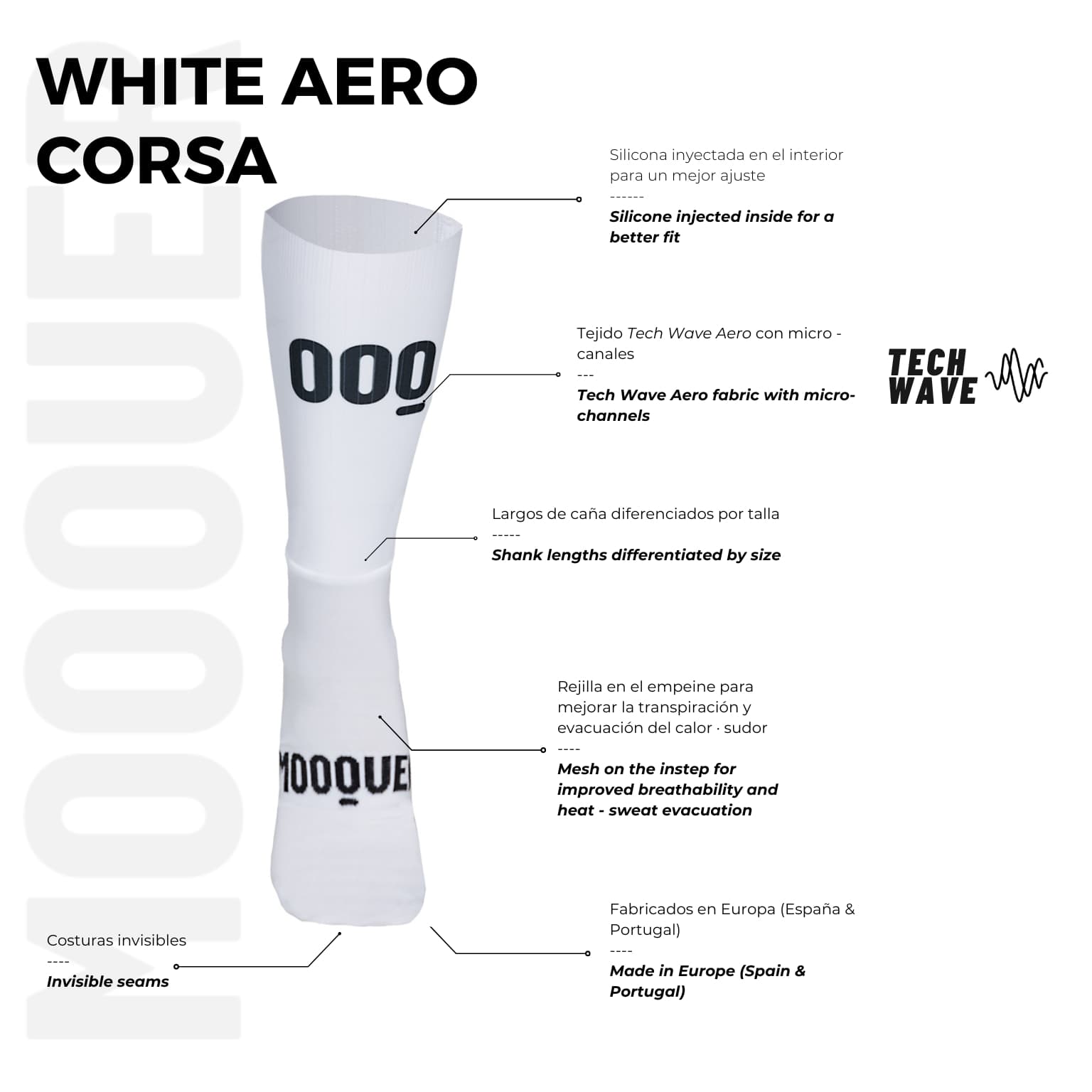 Detalle tejido Tech Wave en calcetines aero blancos