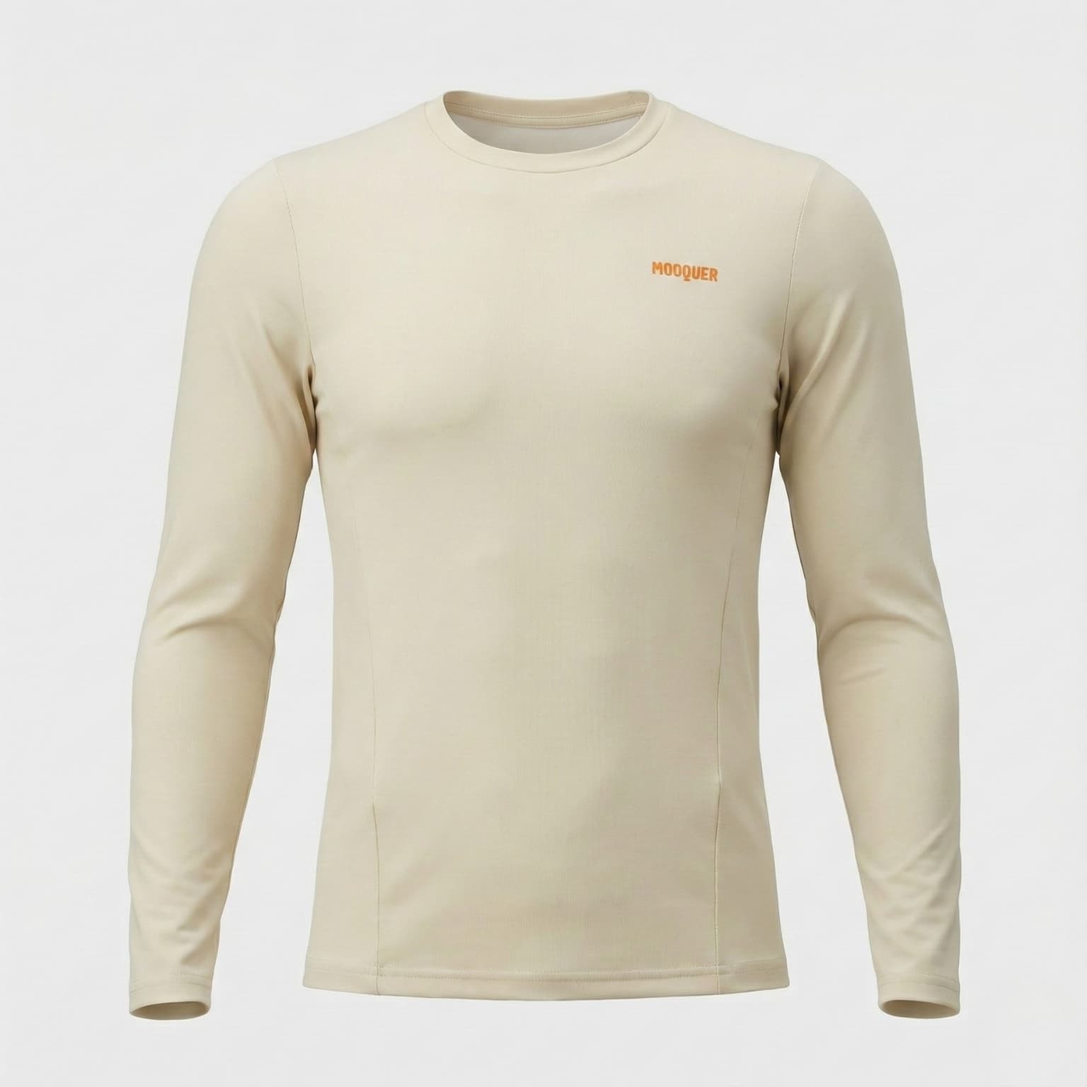 Camiseta interior térmica Earth de Mooquer de manga larga en color beige con detalles en naranja, primera capa