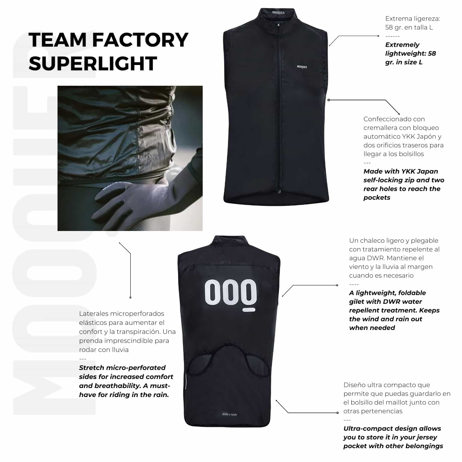 Detalle del tejido con acabado DWR en el chaleco Team Factory Superlight para lluvia fina