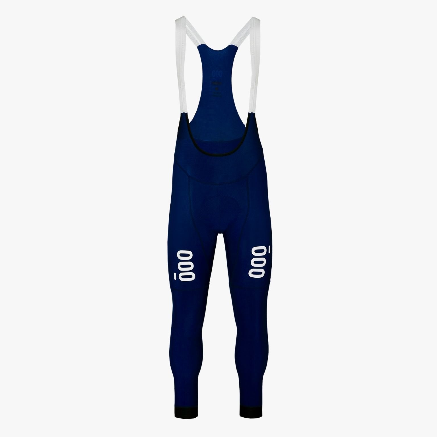 Detalle de los tirantes blancos perforados en el culotte largo Corsa Blue Winter para mayor transpirabilidad