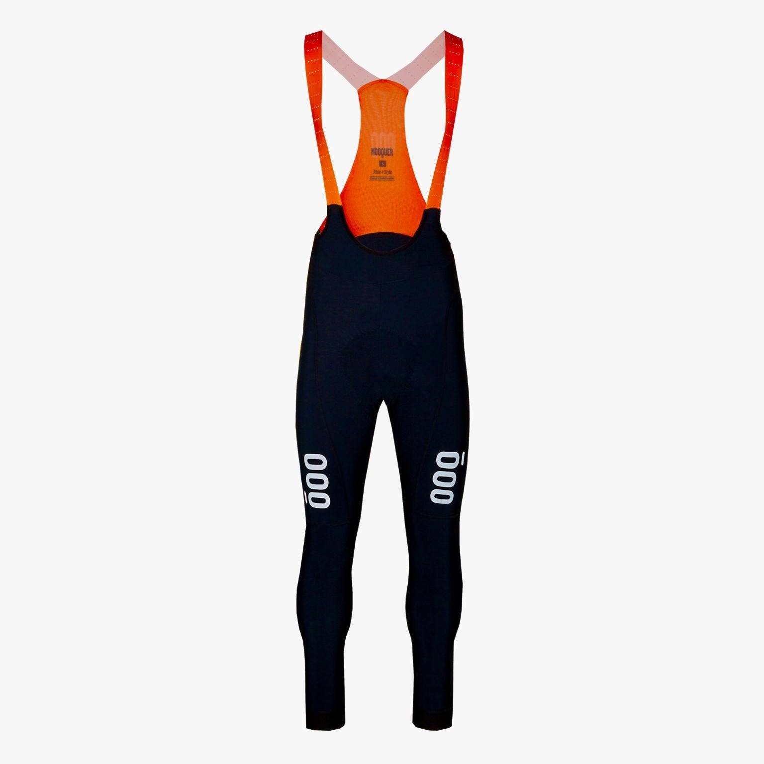 Detalle de los tirantes ligeros en naranja flúor en el culotte largo Supercorsa Black para ciclismo de invierno