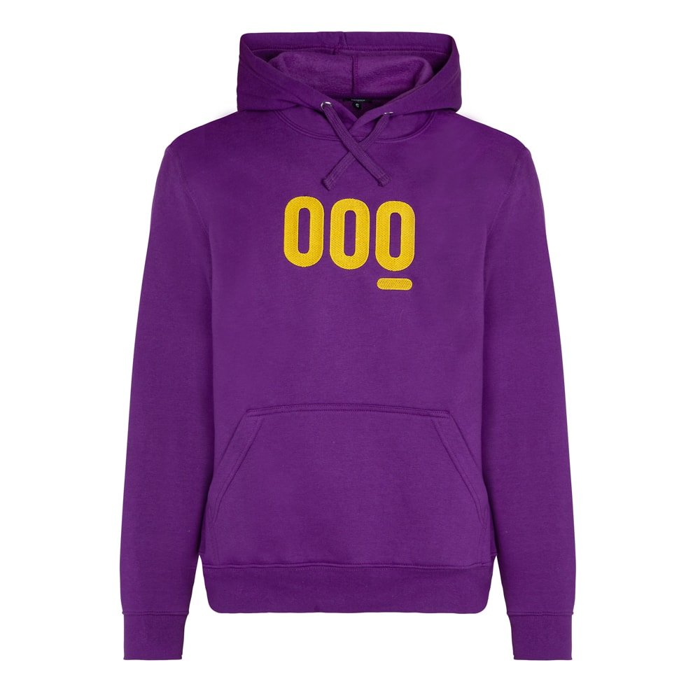Sudadera con capucha Purple Factory de Mooquer en color morado con bordado amarillo mostaza, vista frontal