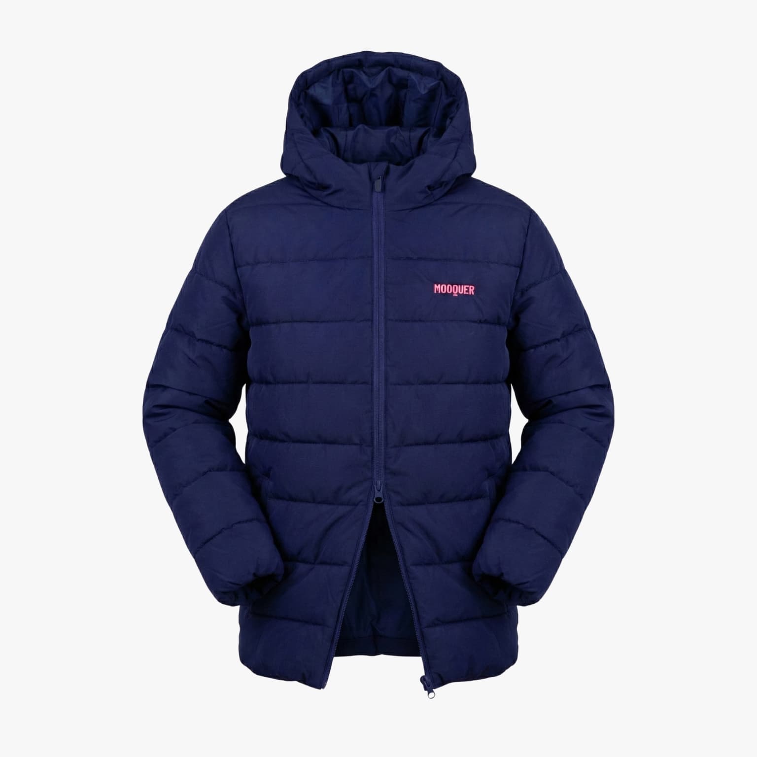 Anorak acolchado Navy Crew de Mooquer en azul marino con capucha, vista frontal