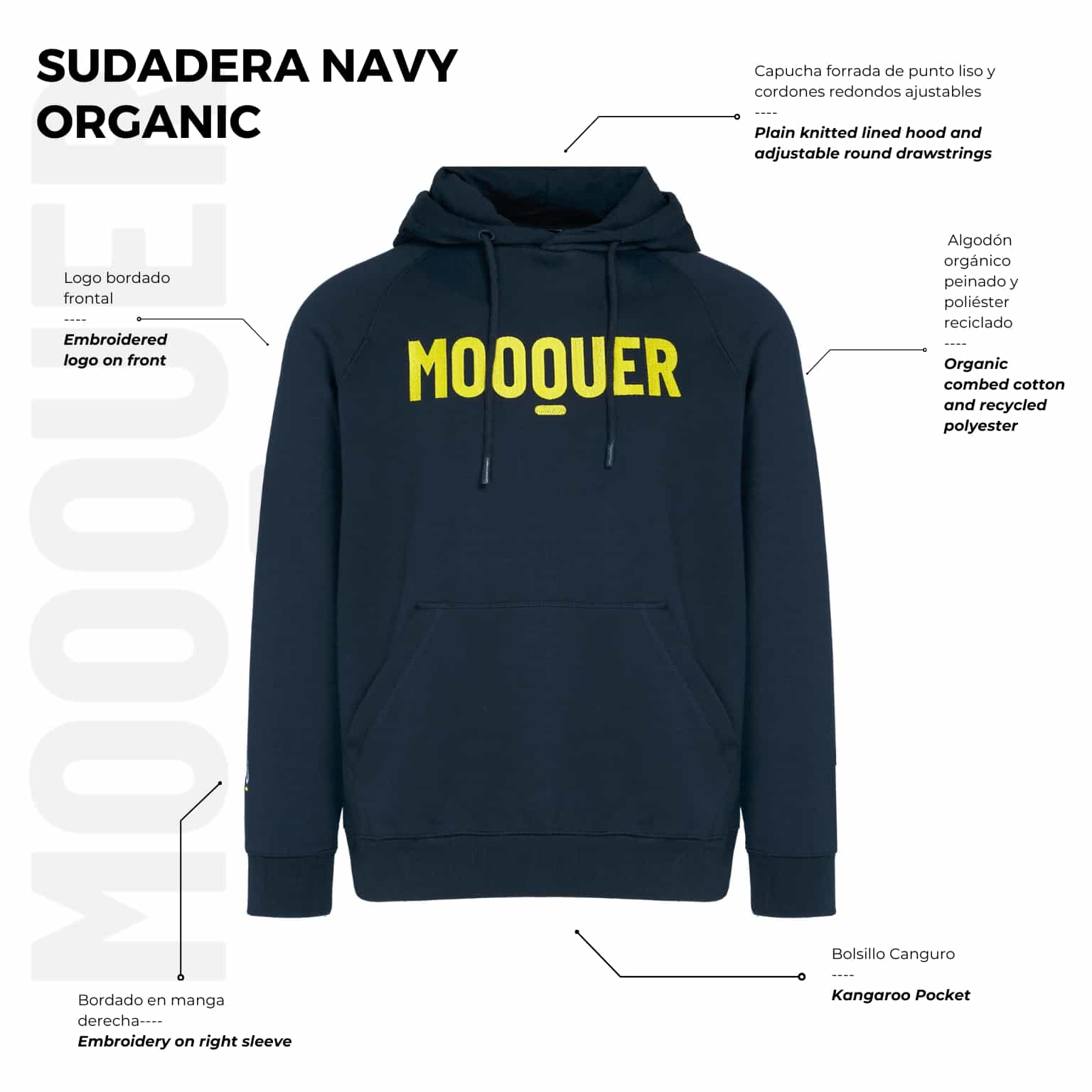 Detalle bordado en sudadera Navy Organic Capucha