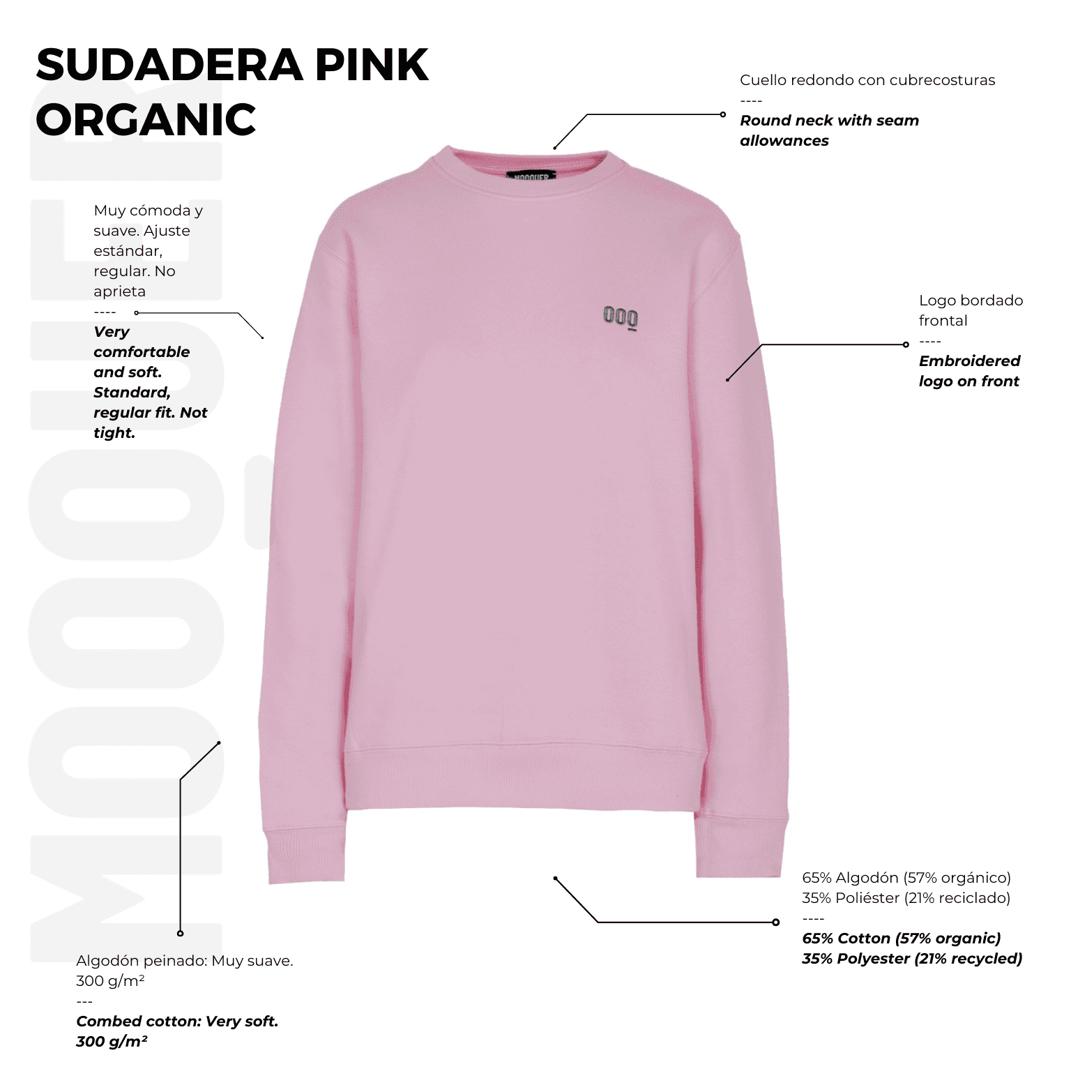 Detalle bordado gris en pecho sudadera Pink Organic